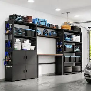 Garage Storage Cabinet System, 3-in-1 Modular Metal Tool Cabinet w/Workbench and Metal Board Shelf Includes Pegboard, 24-Gauge Steel, 129"(L) w/ 2 Doors, Black, FLEXIMOD Series Garage Storage Cabinet System, 3-in-1 Modular Metal Tool Cabinet w/Workbench and Metal Board Shelf Includes Pegboard, 24-Gauge Steel, 129"(L) w/ 2 Doors, Black, FLEXIMOD Series