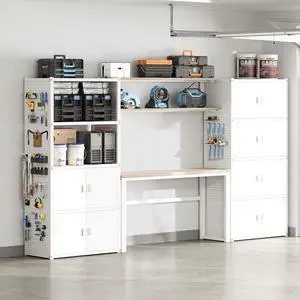 Garage Storage Cabinet System, 3-in-1 Modular Metal Tool Cabinet w/Workbench and Metal Board Shelf Includes Pegboard, 24-Gauge Steel, 117"(L) w/ 6 Doors, White, FLEXIMOD Series Garage Storage Cabinet System, 3-in-1 Modular Metal Tool Cabinet w/Workbench and Metal Board Shelf Includes Pegboard, 24-Gauge Steel, 117"(L) w/ 6 Doors, White, FLEXIMOD Series