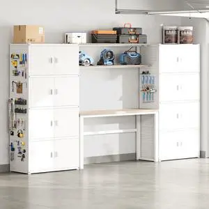 Garage Storage Cabinet System, 3-in-1 Modular Metal Tool Cabinet w/Workbench and Metal Board Shelf Includes Pegboard, 24-Gauge Steel, 117"(L) w/ 8 Doors, White, FLEXIMOD Series Garage Storage Cabinet System, 3-in-1 Modular Metal Tool Cabinet w/Workbench and Metal Board Shelf Includes Pegboard, 24-Gauge Steel, 117"(L) w/ 8 Doors, White, FLEXIMOD Series