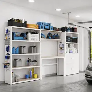 Garage Storage Cabinet System, 3-in-1 Modular Metal Tool Cabinet w/ Workbench and Particle Board Shelf Includes Pegboard, 24-Gauge Steel, 129"(L) w/ 2 Doors, White, FLEXIMOD Series Garage Storage Cabinet System, 3-in-1 Modular Metal Tool Cabinet w/ Workbench and Particle Board Shelf Includes Pegboard, 24-Gauge Steel, 129"(L) w/ 2 Doors, White, FLEXIMOD Series