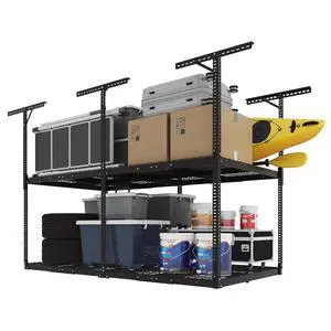 4x8 2-Tier Overhead Garage Storage Rack Adjustable Heavy Duty Metal Garage Ceiling Storage Racks, 1000 lbs Capacity Garages Organization System for 915 ft Tall Garages, Black 4x8 2-Tier Overhead Garage Storage Rack Adjustable Heavy Duty Metal Garage Ceiling Storage Racks, 1000 lbs Capacity Garages Organization System for 915 ft Tall Garages, Black