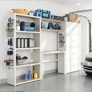 Garage Storage Cabinet System, 3-in-1 Modular Metal Tool Cabinet w/ Workbench and Particle Board Shelf Includes Pegboard, 24-Gauge Steel, 117"(L) w/ 4 Doors, White, FLEXIMOD Series Garage Storage Cabinet System, 3-in-1 Modular Metal Tool Cabinet w/ Workbench and Particle Board Shelf Includes Pegboard, 24-Gauge Steel, 117"(L) w/ 4 Doors, White, FLEXIMOD Series