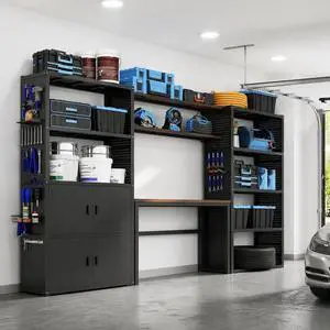 Garage Storage Cabinet System, 3-in-1 Modular Metal Tool Cabinet w/ Workbench and Metal Board Shelf Includes Pegboard, 24-Gauge Steel, 117"(L) w/ 2 Doors, Black, FLEXIMOD Series Garage Storage Cabinet System, 3-in-1 Modular Metal Tool Cabinet w/ Workbench and Metal Board Shelf Includes Pegboard, 24-Gauge Steel, 117"(L) w/ 2 Doors, Black, FLEXIMOD Series