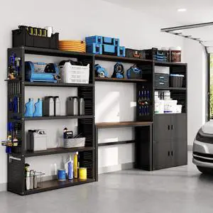 Garage Storage Cabinet System, 3-in-1 Modular Metal Tool Cabinet w/ Workbench and Particle Board Shelf Includes Pegboard, 24-Gauge Steel, 129"(L) w/ 2 Doors, Black, FLEXIMOD Series Garage Storage Cabinet System, 3-in-1 Modular Metal Tool Cabinet w/ Workbench and Particle Board Shelf Includes Pegboard, 24-Gauge Steel, 129"(L) w/ 2 Doors, Black, FLEXIMOD Series
