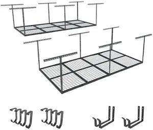2-Piece Overhead Garage Storage Rack Set w/Hooks Adjustable Ceiling Storage Racks, 96" Length x 48" Width x 40" Height, 2 Sets, Black, Classic Series 2-Piece Overhead Garage Storage Rack Set w/Hooks Adjustable Ceiling Storage Racks, 96" Length x 48" Width x 40" Height, 2 Sets, Black, Classic Series