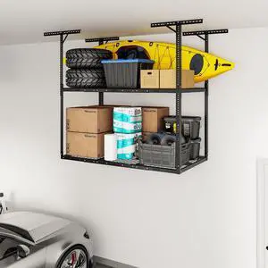 3x6ft 2-Tier Garage Ceiling Storage Rack, Adjustable Overhead Garage Storage System, Heavy Duty Metal Shelving, 880lbs Capacity, Ideal for 915ft High Ceilings, Black 3x6ft 2-Tier Garage Ceiling Storage Rack, Adjustable Overhead Garage Storage System, Heavy Duty Metal Shelving, 880lbs Capacity, Ideal for 915ft High Ceilings, Black