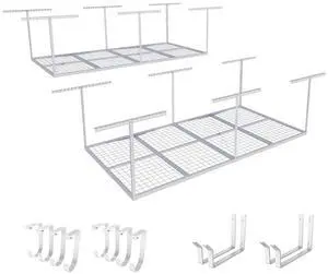 2-Piece Overhead Garage Storage Rack Set w/Hooks Adjustable Ceiling Storage Rack, 96" Length x 48" Width x 40" Height, 2 pcs, White, Classic Series 2-Piece Overhead Garage Storage Rack Set w/Hooks Adjustable Ceiling Storage Rack, 96" Length x 48" Width x 40" Height, 2 pcs, White, Classic Series