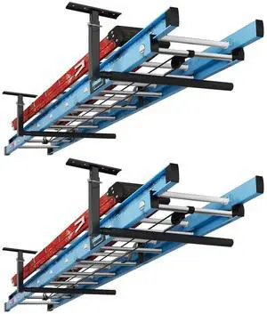 2 Pack Adjustable Overhead Ladder Rack, Garage Ceiling Storage Rack, Ladder Storage Organizer, 35" Extended Arms, 90 lbs Per Arm Heavy Duty Steel Rack for Kayak, Surfboard & Tools 2 Pack Adjustable Overhead Ladder Rack, Garage Ceiling Storage Rack, Ladder Storage Organizer, 35" Extended Arms, 90 lbs Per Arm Heavy Duty Steel Rack for Kayak, Surfboard & Tools