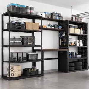 Garage Storage System with Workbench, Pegboard & Shelving, 142" Modular Garage System, Heavy Duty Steel Storage Rack & Tool Organizer for Garage Workshop, Black, FLEXIMOD Series Garage Storage System with Workbench, Pegboard & Shelving, 142" Modular Garage System, Heavy Duty Steel Storage Rack & Tool Organizer for Garage Workshop, Black, FLEXIMOD Series