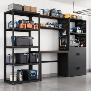 3-in-1 Garage Storage Cabinet System with Workbench, Open Shelving, Pegboard Cabinet and 2 Doors, 117" Modular Garage Organization Station, Black, FLEXIMOD Series 3-in-1 Garage Storage Cabinet System with Workbench, Open Shelving, Pegboard Cabinet and 2 Doors, 117" Modular Garage Organization Station, Black, FLEXIMOD Series
