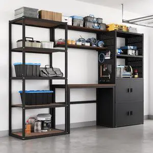 Garage Storage Cabinet System, 3-in-1 Modular Garage Organization Station with Workbench, Open Shelving & Pegboard Cabinet with 2 Doors, 117"(L), Heavy Duty Steel, Black, FLEXIMOD Series Garage Storage Cabinet System, 3-in-1 Modular Garage Organization Station with Workbench, Open Shelving & Pegboard Cabinet with 2 Doors, 117"(L), Heavy Duty Steel, Black, FLEXIMOD Series