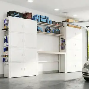 Modular Garage Storage Cabinet System, All-in-One Garage Cabinet Set with Workbench & Pegboard, Full 8-Door Enclosed Heavy Duty Steel Tool Organization System, White, FLEXIMOD Series Modular Garage Storage Cabinet System, All-in-One Garage Cabinet Set with Workbench & Pegboard, Full 8-Door Enclosed Heavy Duty Steel Tool Organization System, White, FLEXIMOD Series