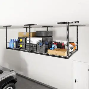 4x8ft Overhead Garage Storage Rack with Safety Rails, Black | 750 lbs Capacity, Adjustable 22-40" Height, 3-Sided Guard Rails, Heavy Duty Metal, Ceiling Storage System 4x8ft Overhead Garage Storage Rack with Safety Rails, Black | 750 lbs Capacity, Adjustable 22-40" Height, 3-Sided Guard Rails, Heavy Duty Metal, Ceiling Storage System