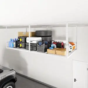4x8ft Overhead Garage Storage Rack with Safety Rails, White | 750lbs Capacity, Adjustable 22-40" Height, 3-Sided Guard Rails, Heavy Duty Metal, Ceiling Storage System 4x8ft Overhead Garage Storage Rack with Safety Rails, White | 750lbs Capacity, Adjustable 22-40" Height, 3-Sided Guard Rails, Heavy Duty Metal, Ceiling Storage System