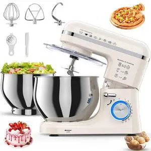 Stand Mixer, White, 5.3QT + 3.5QT Bowls, 10-Speed Electric | Stainless Steel Mixing Bowl, Dough Hook, Beater & Whisk, Tilt-Head, For Bread Dough, Cakes, Cookies & Baking Stand Mixer, White, 5.3QT + 3.5QT Bowls, 10-Speed Electric | Stainless Steel Mixing Bowl, Dough Hook, Beater & Whisk, Tilt-Head, For Bread Dough, Cakes, Cookies & Baking