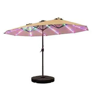 Patio Umbrella 48 LED Colorful Lights, 15ft Double Sided Outdoor Large Rectangular Patio Umbrella with Crank Handle, for Lawn Garden, Home, Outdoor Activities, Beige(with Base) Patio Umbrella 48 LED Colorful Lights, 15ft Double Sided Outdoor Large Rectangular Patio Umbrella with Crank Handle, for Lawn Garden, Home, Outdoor Activities, Beige(with Base)
