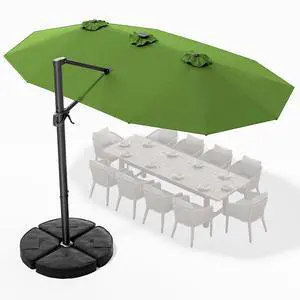 15FT Cantilever Patio Umbrella with LED Lights, 360°Rotation Large Double Sided Rectangular Outdoor Umbrella for Garden, Backyard, Pool, Deck, Green(with Base) 15FT Cantilever Patio Umbrella with LED Lights, 360°Rotation Large Double Sided Rectangular Outdoor Umbrella for Garden, Backyard, Pool, Deck, Green(with Base)