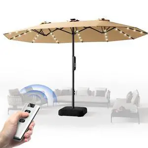 15ft Smart Electric Patio Umbrella, Large Double Sided Rectangular Outdoor Patio Umbrella with Light and Base for Lawn, Garden, Backyard,Beige 15ft Smart Electric Patio Umbrella, Large Double Sided Rectangular Outdoor Patio Umbrella with Light and Base for Lawn, Garden, Backyard,Beige
