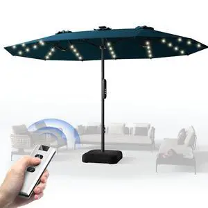 15ft Smart Electric Patio Umbrella, Large Double Sided Rectangular Outdoor Patio Umbrella with Light and Base for Lawn, Garden, Backyard,Light Blue 15ft Smart Electric Patio Umbrella, Large Double Sided Rectangular Outdoor Patio Umbrella with Light and Base for Lawn, Garden, Backyard,Light Blue