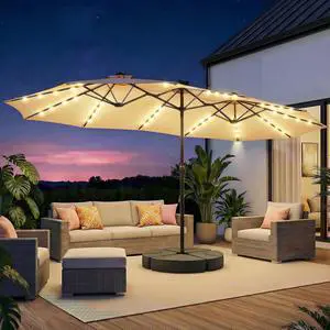 15ft Patio Umbrella with Solar Lights, Double Sided Large Rectangular Outdoor Umbrella with Crank Handle for Backyard, Pool, Deck, Garden, Beige (Base Included) 15ft Patio Umbrella with Solar Lights, Double Sided Large Rectangular Outdoor Umbrella with Crank Handle for Backyard, Pool, Deck, Garden, Beige (Base Included)
