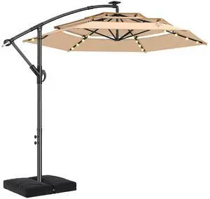 10ft 3-Tiered Cantilever Patio Umbrella Solar LED Lighted, Hanging Offset Market Outdoor Sun Shade with Base Stand for Beach, Backyard, Deck, Poolside, Beige 10ft 3-Tiered Cantilever Patio Umbrella Solar LED Lighted, Hanging Offset Market Outdoor Sun Shade with Base Stand for Beach, Backyard, Deck, Poolside, Beige