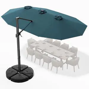 15FT Cantilever Patio Umbrella with LED Lights, 360°Rotation Large Double Sided Rectangular Outdoor Umbrella for Garden, Backyard, Pool, Deck, Light Blue(with Base) 15FT Cantilever Patio Umbrella with LED Lights, 360°Rotation Large Double Sided Rectangular Outdoor Umbrella for Garden, Backyard, Pool, Deck, Light Blue(with Base)