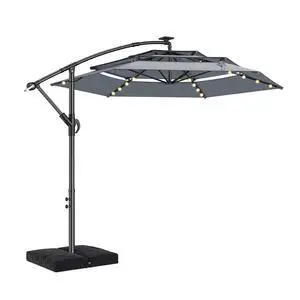 10ft 3-Tiered Cantilever Patio Umbrella with Solar LED Lights, Hanging Offset Market Outdoor Umbrella Shade with Base for Beach, Backyard, Deck, Poolside, Gray 10ft 3-Tiered Cantilever Patio Umbrella with Solar LED Lights, Hanging Offset Market Outdoor Umbrella Shade with Base for Beach, Backyard, Deck, Poolside, Gray