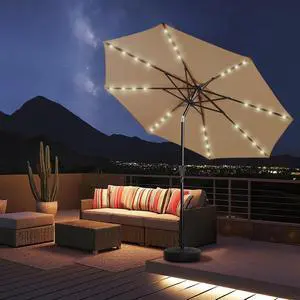 9ft Solar Polyester 18 LED Lighted Patio Umbrella with Tilt Adjustment and UV-Resistant Fabric,for Garden,Deck,Backyard,Pool and Beach, BeigeHY11L-7.5 9ft Solar Polyester 18 LED Lighted Patio Umbrella with Tilt Adjustment and UV-Resistant Fabric,for Garden,Deck,Backyard,Pool and Beach, BeigeHY11L-7.5