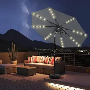 7.5ft Solar Polyester 18 LED Lighted Patio Umbrella with Tilt Adjustment and UV-Resistant Fabric,for Garden,Deck,Backyard,Pool and Beach, Gray (HY11-7.5) 7.5ft Solar Polyester 18 LED Lighted Patio Umbrella with Tilt Adjustment and UV-Resistant Fabric,for Garden,Deck,Backyard,Pool and Beach, Gray (HY11-7.5)