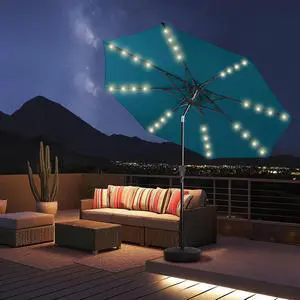 9ft Solar Polyester 18 LED Lighted Patio Umbrella with Tilt Adjustment and UV-Resistant Fabric,for Garden,Deck,Backyard,Pool and Beach, Blue (HY11-7.5) 9ft Solar Polyester 18 LED Lighted Patio Umbrella with Tilt Adjustment and UV-Resistant Fabric,for Garden,Deck,Backyard,Pool and Beach, Blue (HY11-7.5)