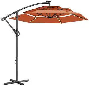 10ft 3-Tiered Cantilever Patio Umbrella Solar LED Lighted, Hanging Offset Market Outdoor Sun Shade for Beach, Backyard, Deck, Poolside, Orange 10ft 3-Tiered Cantilever Patio Umbrella Solar LED Lighted, Hanging Offset Market Outdoor Sun Shade for Beach, Backyard, Deck, Poolside, Orange