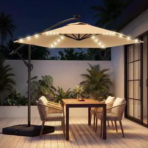 10FT Offset Patio Umbrella with Solar Lights, Outdoor Patio Umbrella with Base Included, Market Hanging Umbrellas for Pool, Deck, Garden, Patio (Beige) 10FT Offset Patio Umbrella with Solar Lights, Outdoor Patio Umbrella with Base Included, Market Hanging Umbrellas for Pool, Deck, Garden, Patio (Beige)
