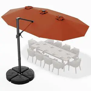 15FT Cantilever Patio Umbrella with LED Lights, 360°Rotation Large Double Sided Rectangular Outdoor Umbrella for Garden, Backyard, Pool, Deck, Orange(with Base) 15FT Cantilever Patio Umbrella with LED Lights, 360°Rotation Large Double Sided Rectangular Outdoor Umbrella for Garden, Backyard, Pool, Deck, Orange(with Base)