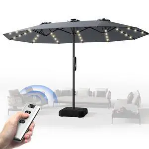 15ft Smart Electric Patio Umbrella, Large Double Sided Rectangular Outdoor Patio Umbrella with Light and Base for Lawn, Garden, Backyard,Gray 15ft Smart Electric Patio Umbrella, Large Double Sided Rectangular Outdoor Patio Umbrella with Light and Base for Lawn, Garden, Backyard,Gray
