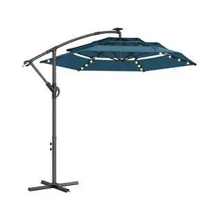 10ft 3-Tiered Cantilever Patio Umbrella Solar LED Lighted, Hanging Offset Market Outdoor Sun Shade for Beach, Backyard, Deck, Poolside, Blue 10ft 3-Tiered Cantilever Patio Umbrella Solar LED Lighted, Hanging Offset Market Outdoor Sun Shade for Beach, Backyard, Deck, Poolside, Blue