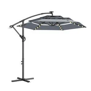 10ft 3-Tiered Cantilever Patio Umbrella Solar LED Lighted, Hanging Offset Market Outdoor Sun Shade for Beach, Backyard, Deck, Poolside, Gray 10ft 3-Tiered Cantilever Patio Umbrella Solar LED Lighted, Hanging Offset Market Outdoor Sun Shade for Beach, Backyard, Deck, Poolside, Gray