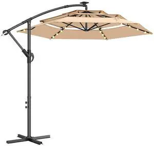 10ft 3-Tiered Cantilever Patio Umbrella with Solar LED Lights, Hanging Offset Market Outdoor Umbrella Shade for Beach, Backyard, Deck, Poolside, Beige (Base not included) 10ft 3-Tiered Cantilever Patio Umbrella with Solar LED Lights, Hanging Offset Market Outdoor Umbrella Shade for Beach, Backyard, Deck, Poolside, Beige (Base not included)