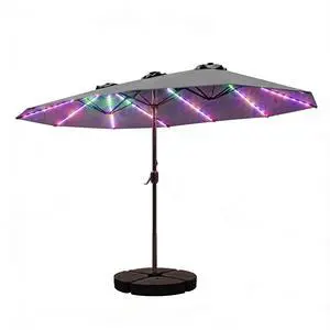 Patio Umbrella 48 LED Colorful Lights, 15ft Double Sided Outdoor Large Rectangular Patio Umbrella with Crank Handle, for Lawn Garden, Home, Outdoor Activities, Gray(with Base) Patio Umbrella 48 LED Colorful Lights, 15ft Double Sided Outdoor Large Rectangular Patio Umbrella with Crank Handle, for Lawn Garden, Home, Outdoor Activities, Gray(with Base)