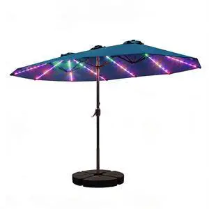Patio Umbrella 48 LED Colorful Lights, 15ft Double Sided Outdoor Large Rectangular Patio Umbrella with Crank Handle, for Lawn Garden, Home, Outdoor Activities, Light Blue(with Base) Patio Umbrella 48 LED Colorful Lights, 15ft Double Sided Outdoor Large Rectangular Patio Umbrella with Crank Handle, for Lawn Garden, Home, Outdoor Activities, Light Blue(with Base)