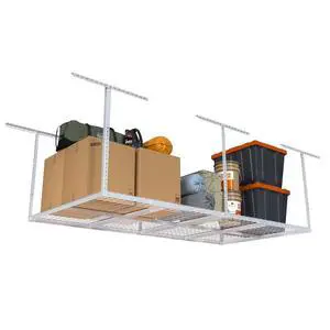 4ftx8ft Overhead Garage Storage Rack, Heavy-Duty Metal Garage Ceiling Storage Rack, 22''-40" Adjustable Ceiling Drop-Down, 750 lb. Loading Weight Capacity, White 4ftx8ft Overhead Garage Storage Rack, Heavy-Duty Metal Garage Ceiling Storage Rack, 22''-40" Adjustable Ceiling Drop-Down, 750 lb. Loading Weight Capacity, White