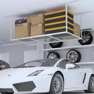 3x6ft Overhead Garage Storage Rack, Heavy Duty Metal Ceiling Shelf, 22'' to 40" Adjustable Dropdown, 450lbs Loading Weight Capacity, White 3x6ft Overhead Garage Storage Rack, Heavy Duty Metal Ceiling Shelf, 22'' to 40" Adjustable Dropdown, 450lbs Loading Weight Capacity, White
