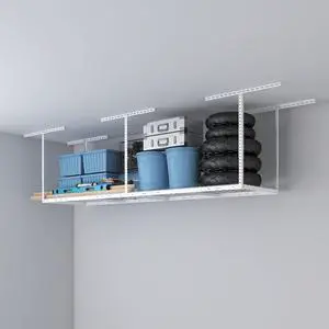 2ftx8ft Overhead Garage Storage Rack, Heavy-Duty Metal Garage Ceiling Storage Rack, 22''-40" Adjustable Ceiling Drop-Down, 400 lb. Loading Weight Capacity, White 2ftx8ft Overhead Garage Storage Rack, Heavy-Duty Metal Garage Ceiling Storage Rack, 22''-40" Adjustable Ceiling Drop-Down, 400 lb. Loading Weight Capacity, White