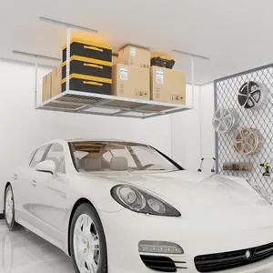 4x6ft Overhead Garage Storage Rack, Heavy Duty Metal Ceiling Shelf, 22'' to 40" Adjustable Dropdown, 450lbs Loading Weight Capacity, White 4x6ft Overhead Garage Storage Rack, Heavy Duty Metal Ceiling Shelf, 22'' to 40" Adjustable Dropdown, 450lbs Loading Weight Capacity, White