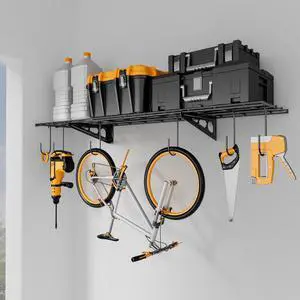 1x4 ft Garage Shelving with 6 Bike Hooks, 1-Pack Wall-Mounted Shelve for Garage, Kitchen, Pantry Storage, 150 lbs Total Load Capacity Wall Shelving, Black 1x4 ft Garage Shelving with 6 Bike Hooks, 1-Pack Wall-Mounted Shelve for Garage, Kitchen, Pantry Storage, 150 lbs Total Load Capacity Wall Shelving, Black