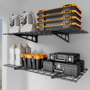 2x4 ft Garage Shelving, 2-Pack Wall-Mounted Shelves for Garage, Kitchen, Pantry Storage, 400 lbs Total Load Capacity Wall Shelving, Black 2x4 ft Garage Shelving, 2-Pack Wall-Mounted Shelves for Garage, Kitchen, Pantry Storage, 400 lbs Total Load Capacity Wall Shelving, Black