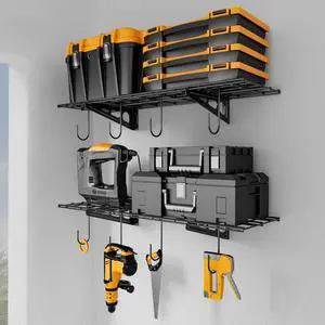 1x3 ft Garage Shelving with 8 Bike Hooks, 2-Pack Wall-Mounted Shelves for Garage, Kitchen, Pantry Storage, 300 lbs Total Load Capacity Garage Wall Shelving, Black 1x3 ft Garage Shelving with 8 Bike Hooks, 2-Pack Wall-Mounted Shelves for Garage, Kitchen, Pantry Storage, 300 lbs Total Load Capacity Garage Wall Shelving, Black