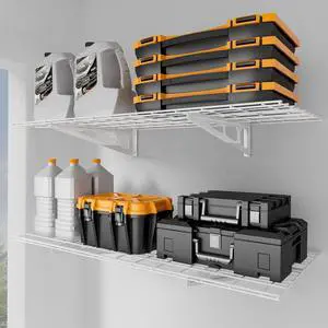 2x4 ft Garage Shelving, 2-Pack Wall-Mounted Shelves for Garage, Kitchen, Pantry Storage, 400 lbs Total Load Capacity Wall Shelving, White 2x4 ft Garage Shelving, 2-Pack Wall-Mounted Shelves for Garage, Kitchen, Pantry Storage, 400 lbs Total Load Capacity Wall Shelving, White