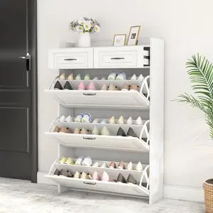 Shoe Storage Cabinet with 3 Flip Drawers, White Freestanding Storage Racks for Entryway Hidden Narrow Shoe Organizers Perfect for Heels, Boots, Slippers Shoe Storage Cabinet with 3 Flip Drawers, White Freestanding Storage Racks for Entryway Hidden Narrow Shoe Organizers Perfect for Heels, Boots, Slippers