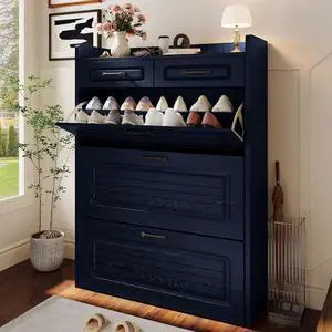 Shoe Cabinet with 2 Storage Drawers & 3 Large Flip Drawers for Entryway, Narrow Wood Shoe Storage Cabinet, Freestanding Hidden Shoe Organizer for Hallway, Living Room, Home & Apartment (Blue) Shoe Cabinet with 2 Storage Drawers & 3 Large Flip Drawers for Entryway, Narrow Wood Shoe Storage Cabinet, Freestanding Hidden Shoe Organizer for Hallway, Living Room, Home & Apartment (Blue)