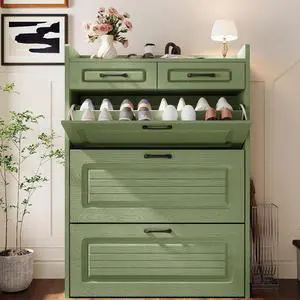 Shoe Cabinet with 2 Storage Drawers & 3 Large Flip Drawers for Entryway, Narrow Wood Shoe Storage Cabinet, Freestanding Hidden Shoe Organizer for Hallway, Living Room, Home & Apartment(Green) Shoe Cabinet with 2 Storage Drawers & 3 Large Flip Drawers for Entryway, Narrow Wood Shoe Storage Cabinet, Freestanding Hidden Shoe Organizer for Hallway, Living Room, Home & Apartment(Green)